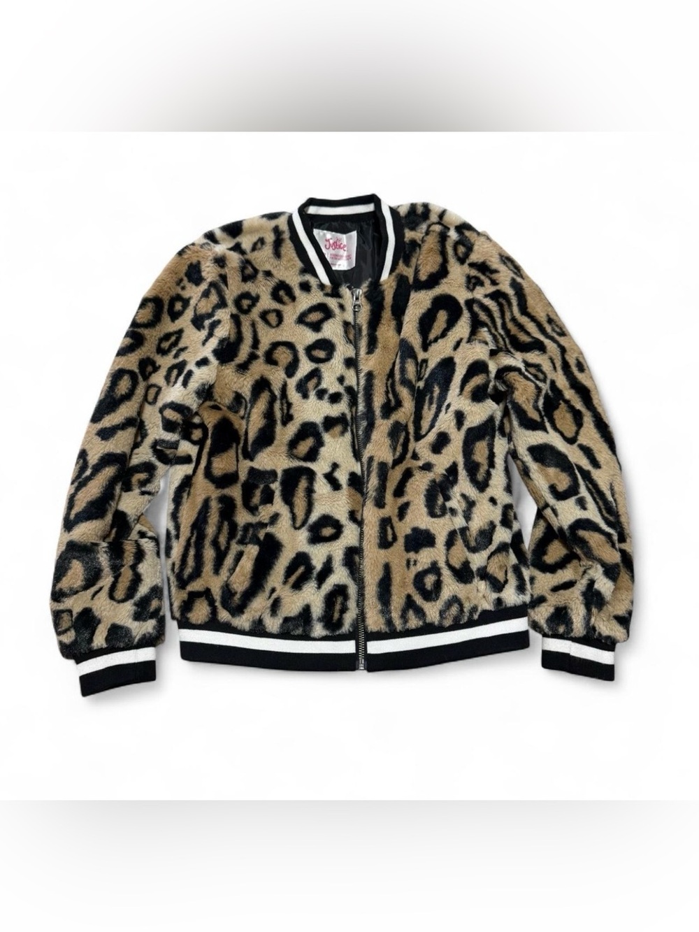 Justice Girls Size 12 Faux Fur Animal Print Zip Bomber Jacket Black Trim